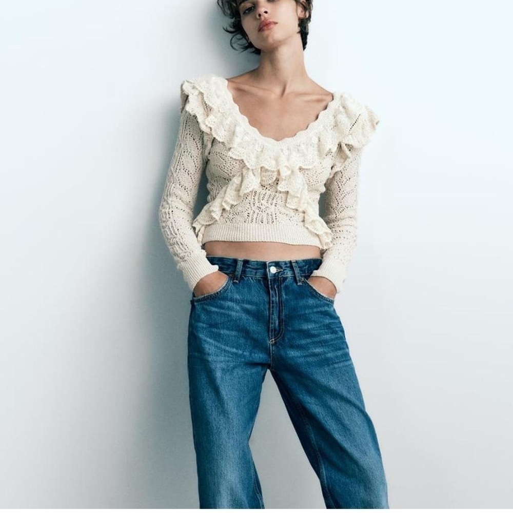 ZARA CROCHET lace RUFFLEd SWEATER sz M medium cream - Picture 2 of 9